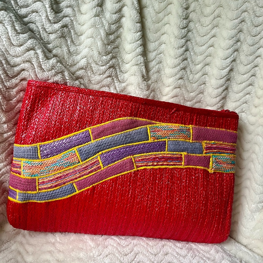 vintage  80's embroidered  straw  Red and Multicolor Clutch Bag